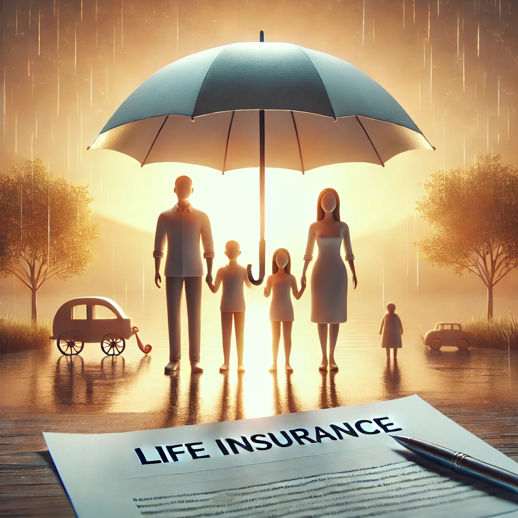 A family standing under an umbrella that represents an insurance policy with a life insurance contract in the forefront.