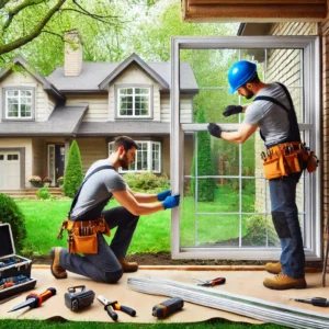 Two men installing a new window in a residential neighborhood.